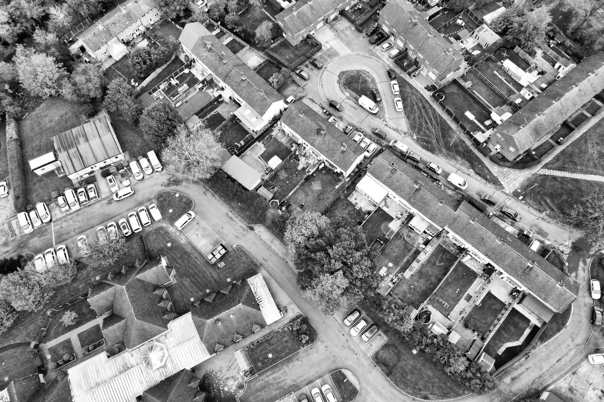 Aerial view of a UK residential street and housing layout