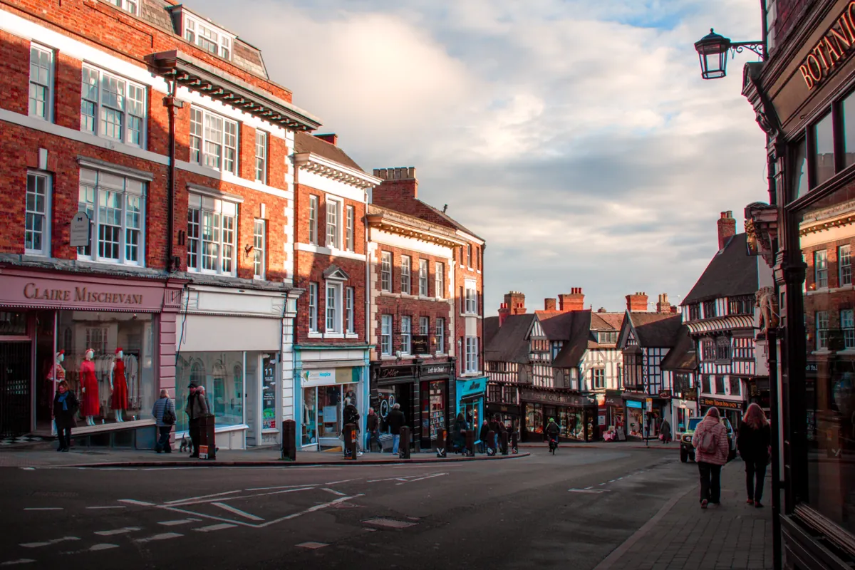 Shops and cafes on a historic British high street